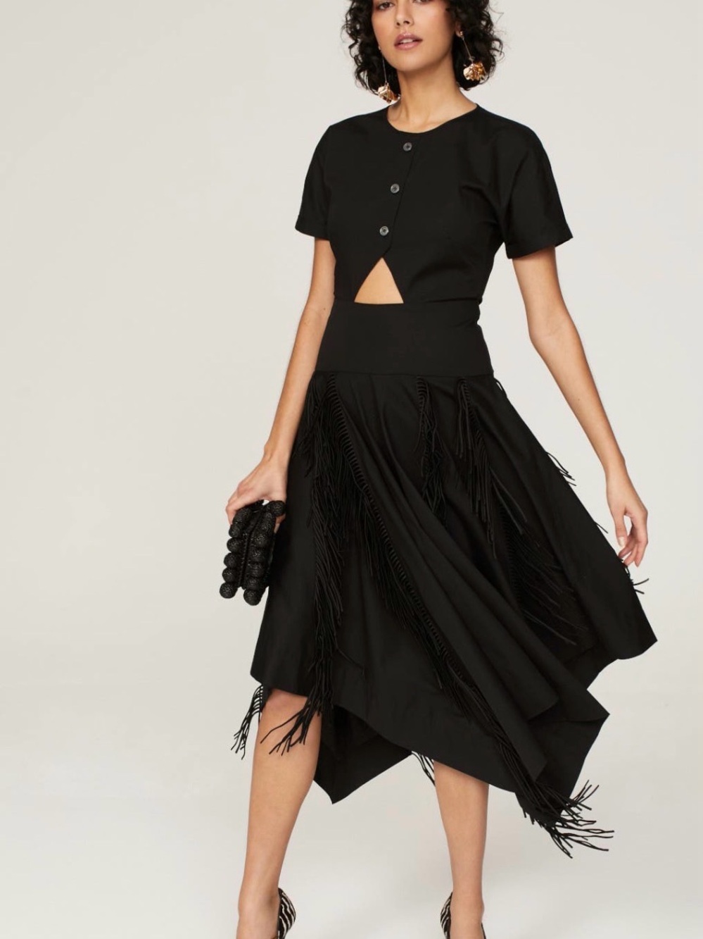Black Fringe Midi Dress with Cutout Detail
